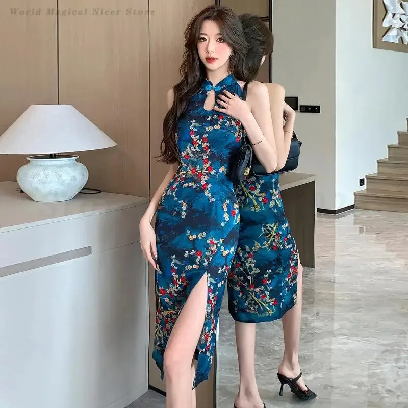 Sexy Sleeveless Qipao Blue Printed Slit Cheongsam New Chinese Style Dress Women's Elegant Temperament Gown Qipao Party Vestidos