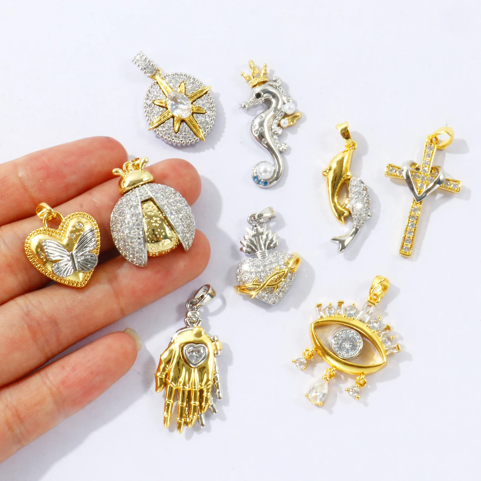 2PCs Brass Charms Star Ladybug Dolphin Heart Cross Two Tone Clear Cubic Zirconia Pendants For DIY Necklace Jewelry Making