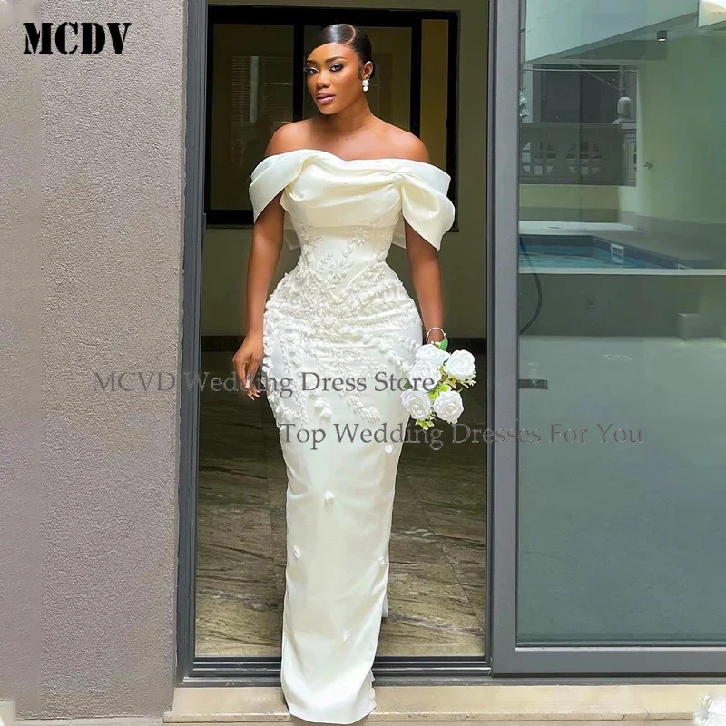 

MCDV Vintage Off The Pleat Lace Applique Mermaid Wedding Dresses Back Bow Seath Bridal Gown