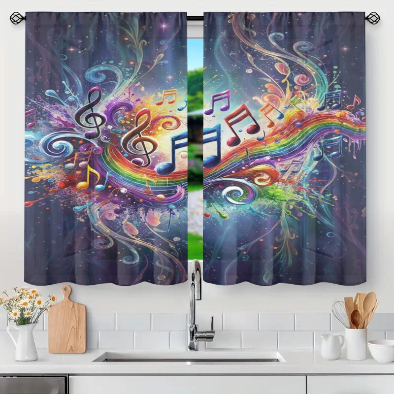 Colorful Musical Notes Window Curtains Abstract Rainbow Art Design Decorative Sheer Room Drapery Panel for Home Aesthetic Living