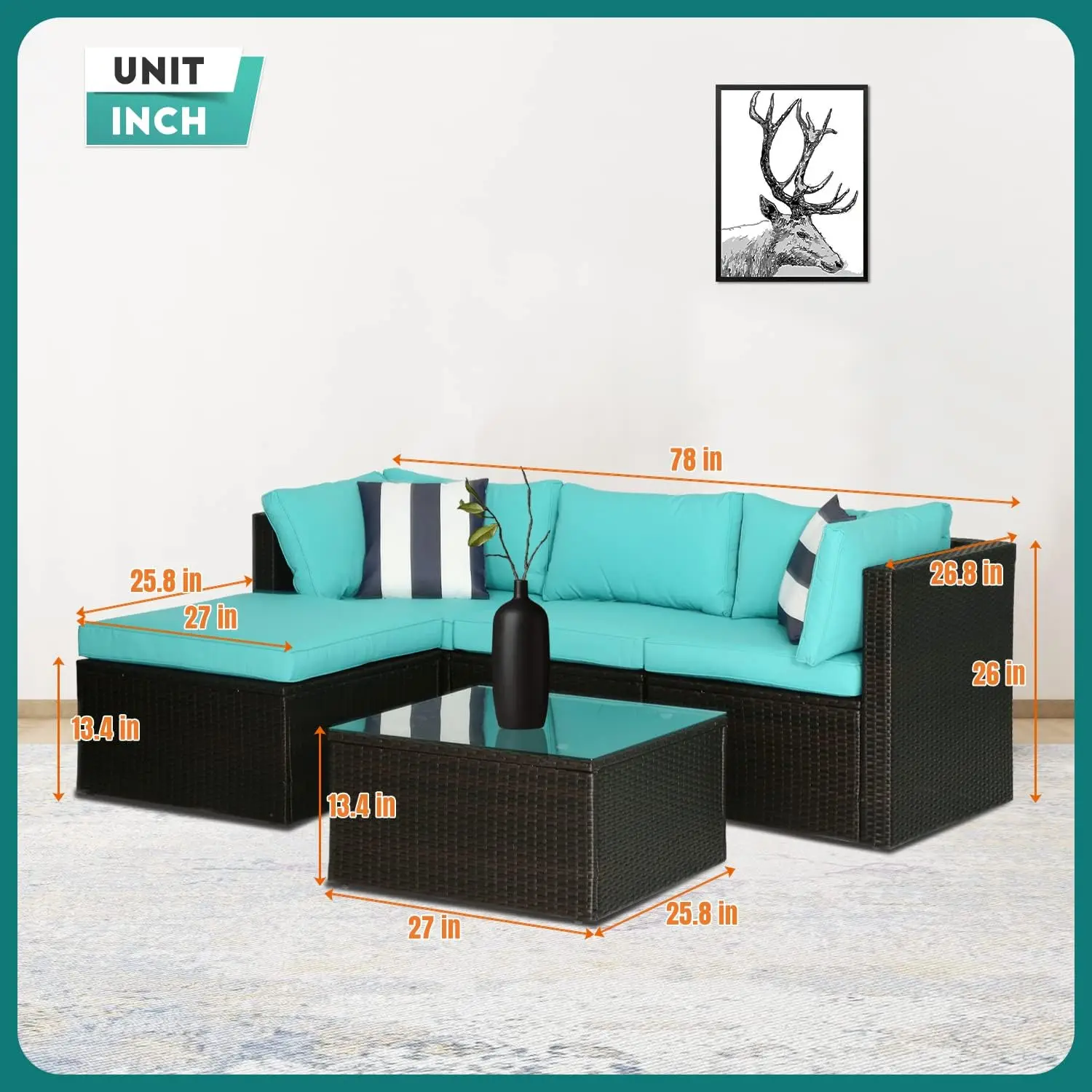 Ensemble de canapé d'extérieur modulaire, canapé sectionnel, 2 chaises d'angle, chaise sans accoudoirs, table en verre, tous temps, WUNICEF, 5 pièces