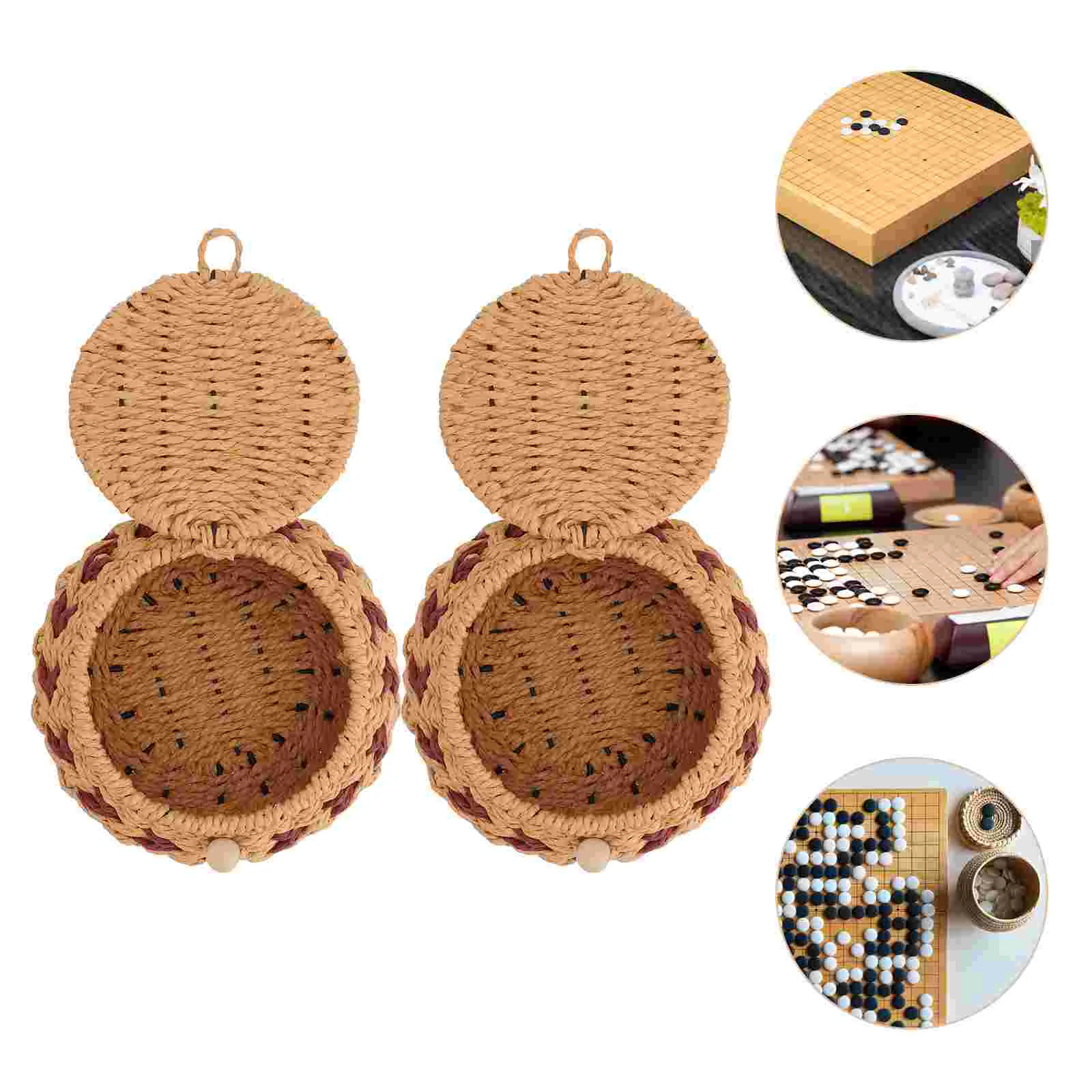 2 Pcs Go Game Stones Bowl Woven Chess Straw Pot Weaving Simple Jar Storage Container for Brown