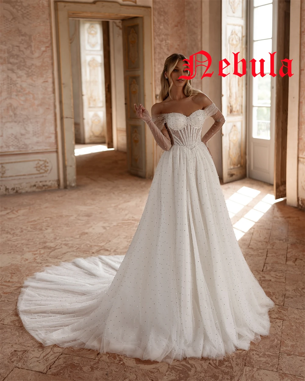 사용자 정의 절묘한 흰색 레이스 Strapless 캡 슬리브 긴 소매 웨딩 드레스 우아한 채플 기차 Backless 신부 가운