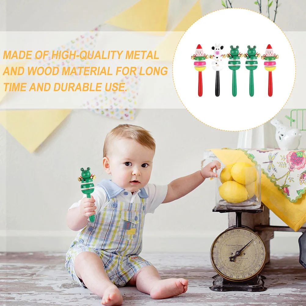 5 stuks Hand Jingle Bells Metaal Hout Dierenrammelaars Vroeg educatief speelgoed Baby Zintuiglijke ontwikkeling Cadeaus voor baby's