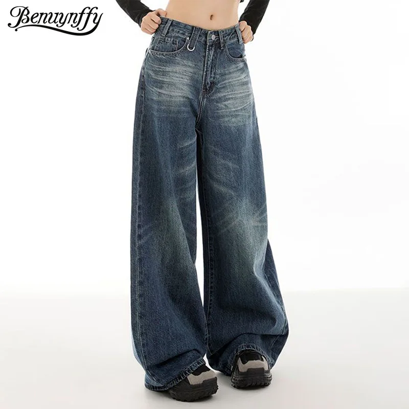 

Benuynffy American Retro Straight Baggy Jeans Women's Y2k Streetwear High Waisted Harajuku Loose Wide Leg Denim Trousers