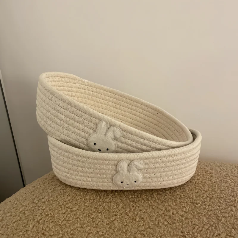 Kawaii Miffy Hand Woven Cotton Hemp Storage Basket Cartoon Rabbit Home Desktop Items Cosmetics Key Elliptical Storage Basket view 3