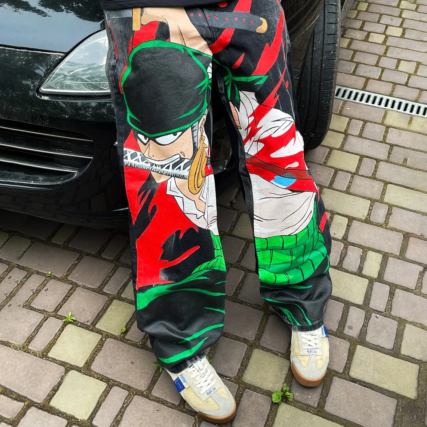 Harajuku Wide Trouser Anime Roronoa Zoro Graphic Wide Leg Jean Fashion Streetwear Y2k denim mens Jeans Couples High Waist Pants