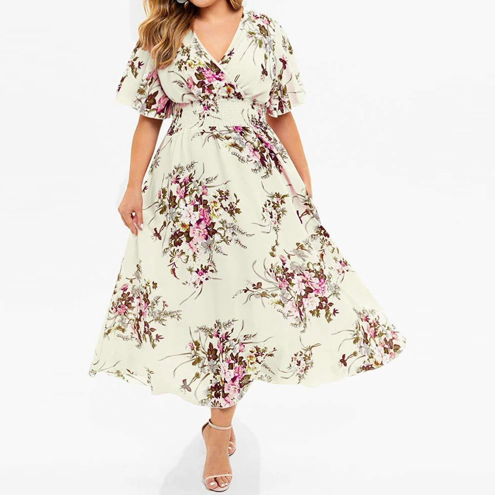 Plus Size 2024 Fashion Wedding Beach Midi Dress Women's Floral Printed V Neck Wrap Dress Female A-Line Party Swing Sundress Gown