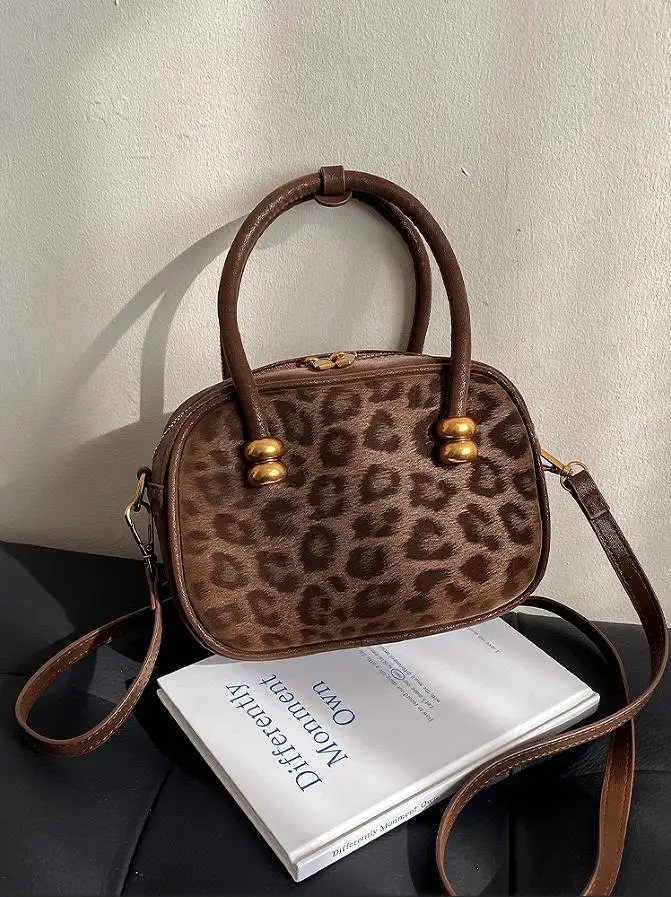 

New Trending Leopard Bag Vintage Luxury Bowling Bags For Women Small Shoulder Crossbody Bags Leather Handbags and Purse Bolsas