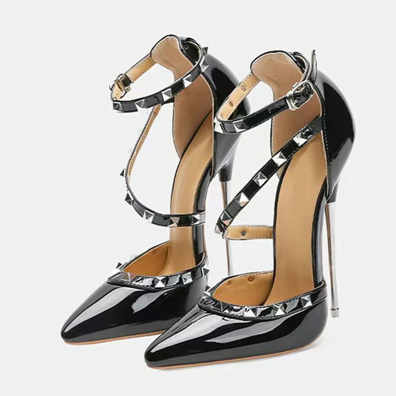 

Liyke/пикантные туфли-лодочки из экстремального металла на высоком каблуке 16 см, модные женские туфли-лодочки с заклепками и ремешком на щиколотке, вечерние мужские туфли унисекс для трансвеститов