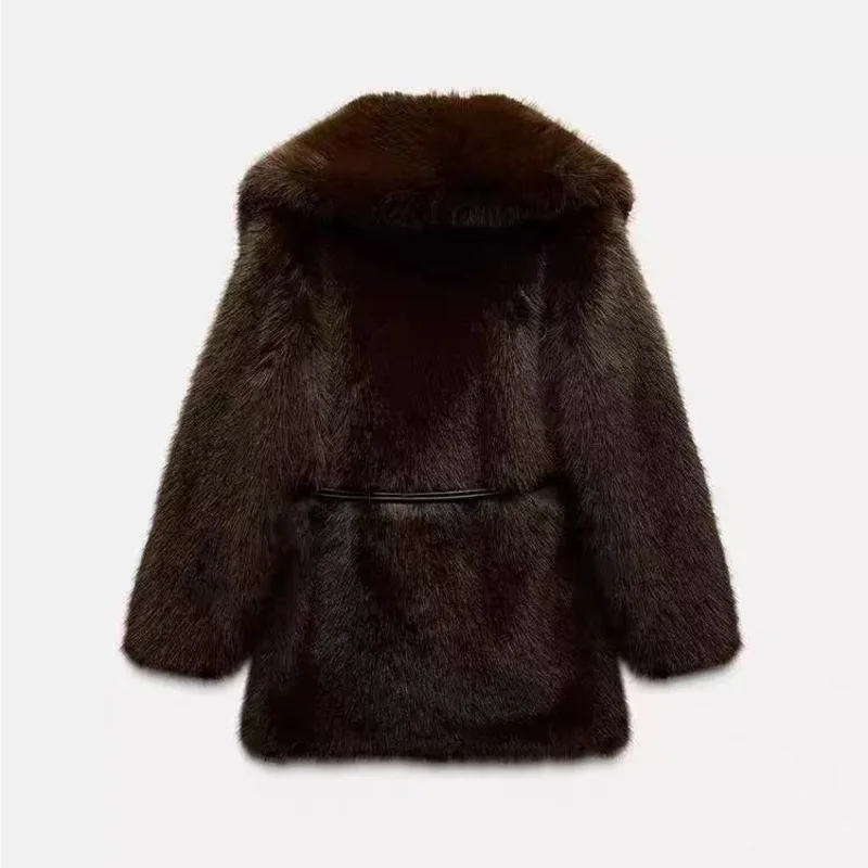 BJTZ Cappotto stile pelliccia sintetica di media lunghezza con colletto rovesciato per la stagione autunnale e invernale Top color caffè marrone caldo Ecologico