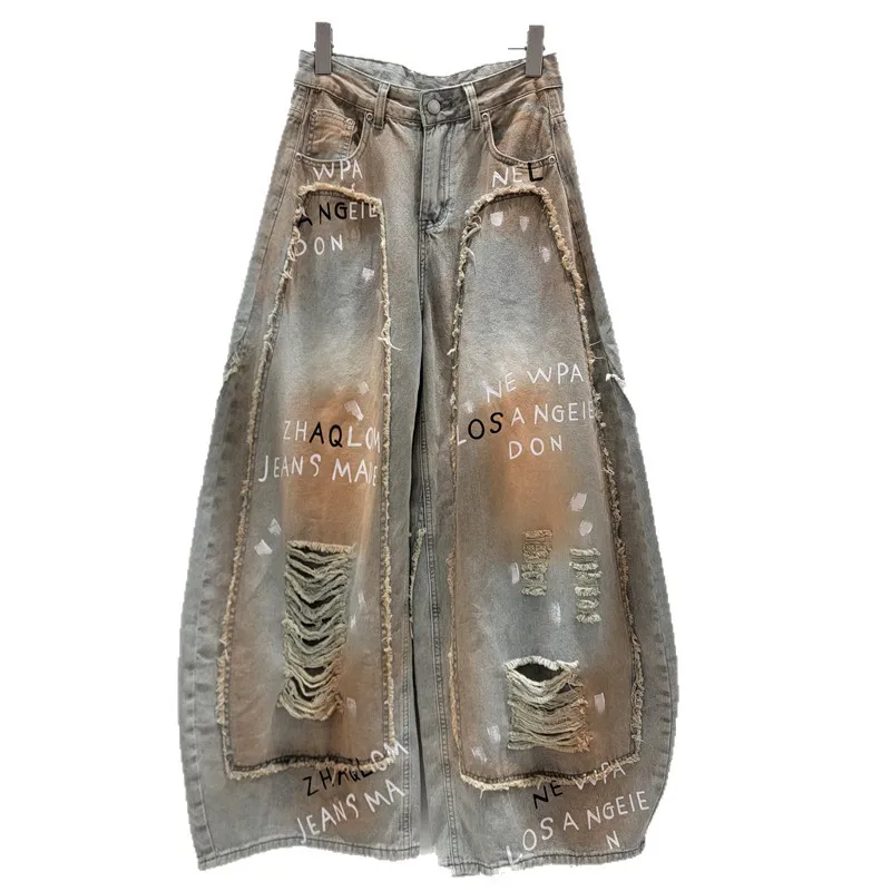 American retro graffiti ripped jeans women's 2026 spring and summer design sense loose casual wide-leg pants trousers