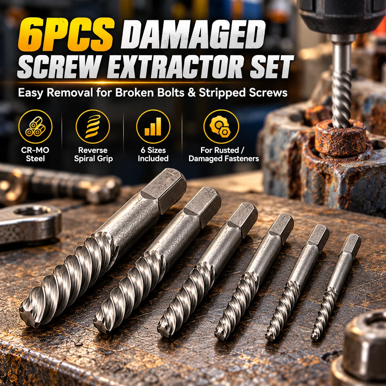 6PCS Spiral Screw Extractor Set Coarse Thread Easy Out Bolt Remover for Broken Stripped Rusted Screws Studs Repair Tool