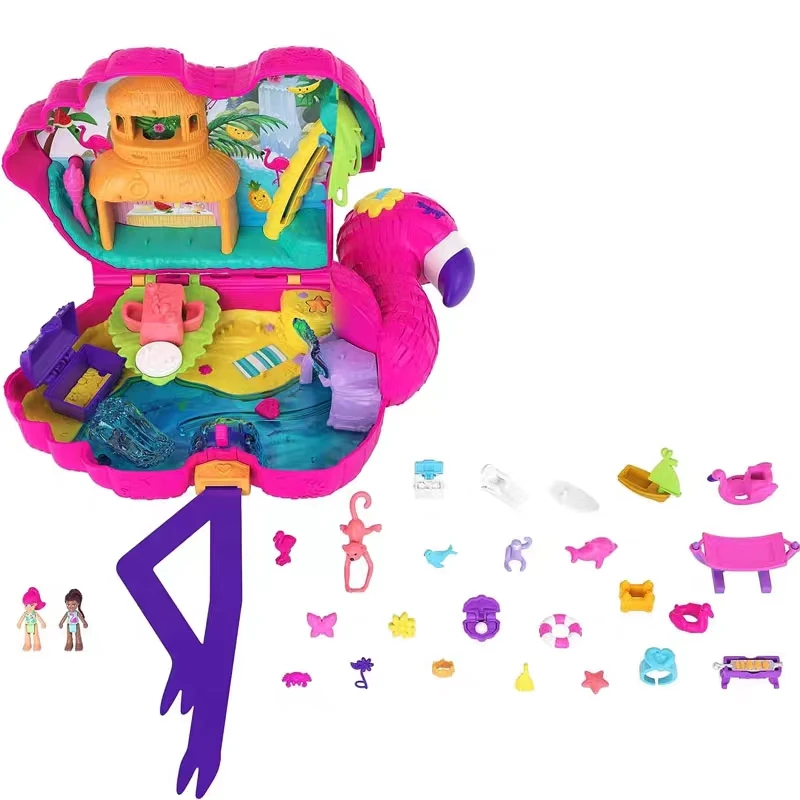 Polly Pocket Travel Toy Flamingo Party Playset with 2 Micro Dolls & 26 Surprise Accessories Fun Play House Toy Girls Gifts