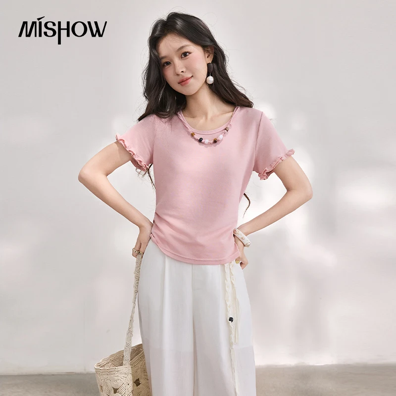 MISHOW Beaded Decorative T-Shirt For Women 2026 Summer New Ruffles Sleeve Pleated Slim Fit Minimalist Basic Tee Top MXF29T1691