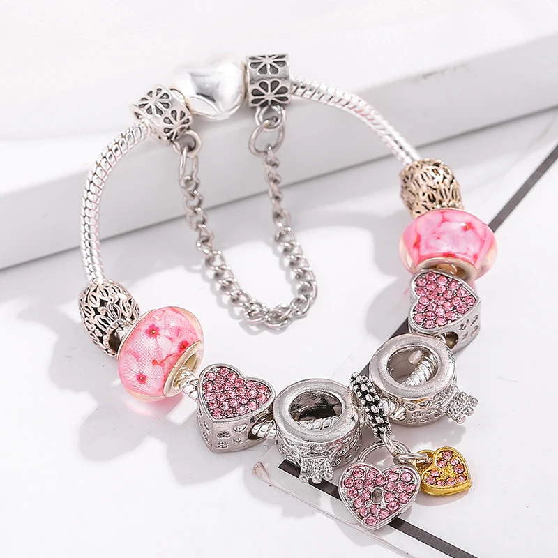 Best Seller Dropshipping Romantic Style Charm Bracelets For Women Pink Heart Beads Fit Fine Bracelet Valentine's Day Jewelry