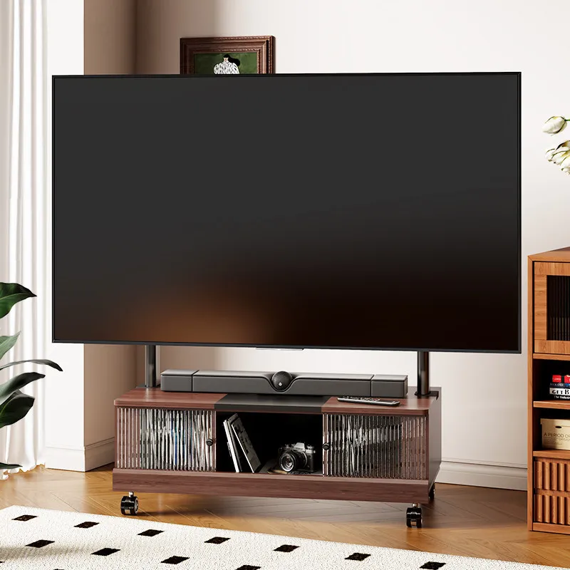 Movable TV bracket, living room floor-to-ceiling household wheelbarrow, medieval solid wood TV cabinet