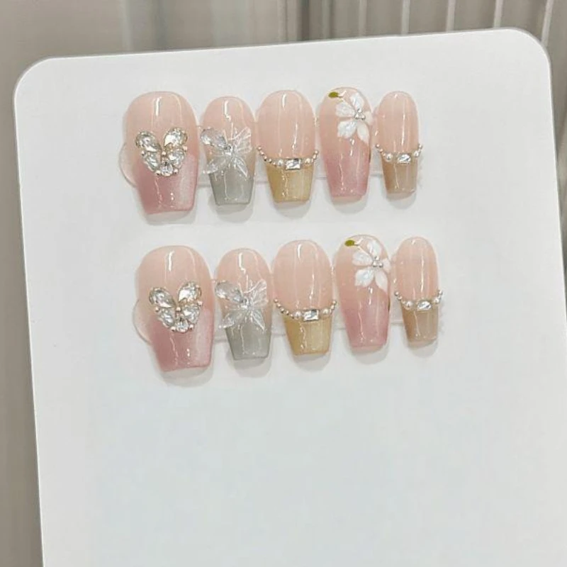 

10 шт., ручной работы, пресс для ногтей, средний миндаль, бабочка, гардения, цветочный дизайн, эфирные весенне-летние накладные ногти, глянцевый дизайн ногтей