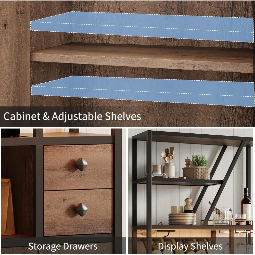 Lemari Bar Anggur dengan Lampu LED, Stasiun Bar Kopi Tinggi dengan Stopkontak & Rak Anggur, Rak Microwave Dapur dan Rak Roti