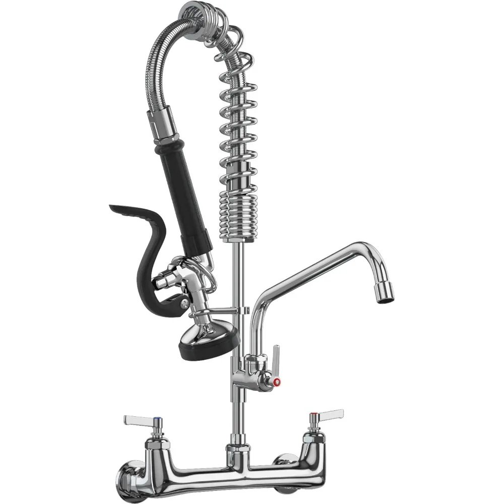 

8 Inch Center Wall-Mounted Kitchen Sink Faucet with 25 Inch Height, Sprayer, 12 Inch Spout, and Pull-Down Pre-Rinse Spray