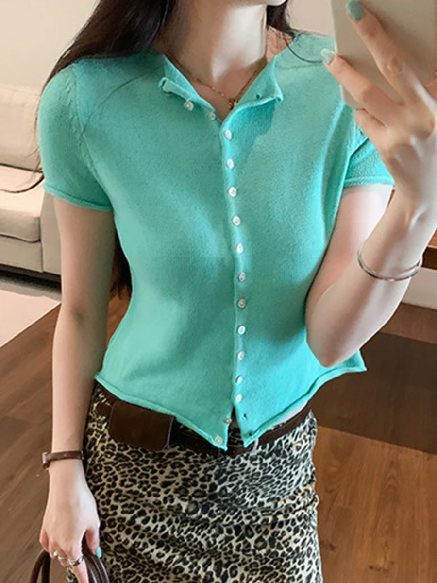 Real Raw Hem Knitted Crop Tops Women Simple Casual Buttons Crew Neck Short Sleeve Cropped Tees Vintage Chic Sweet T-shirts Y2K