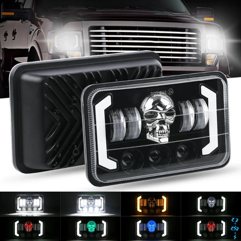 2Pcs LED Headlight 4x6 Inch Colorful Skull Glowing DRL Light For Truck Jeep Chevy Ford 4WD Offroad Headlamp 6000K 150W - view 6