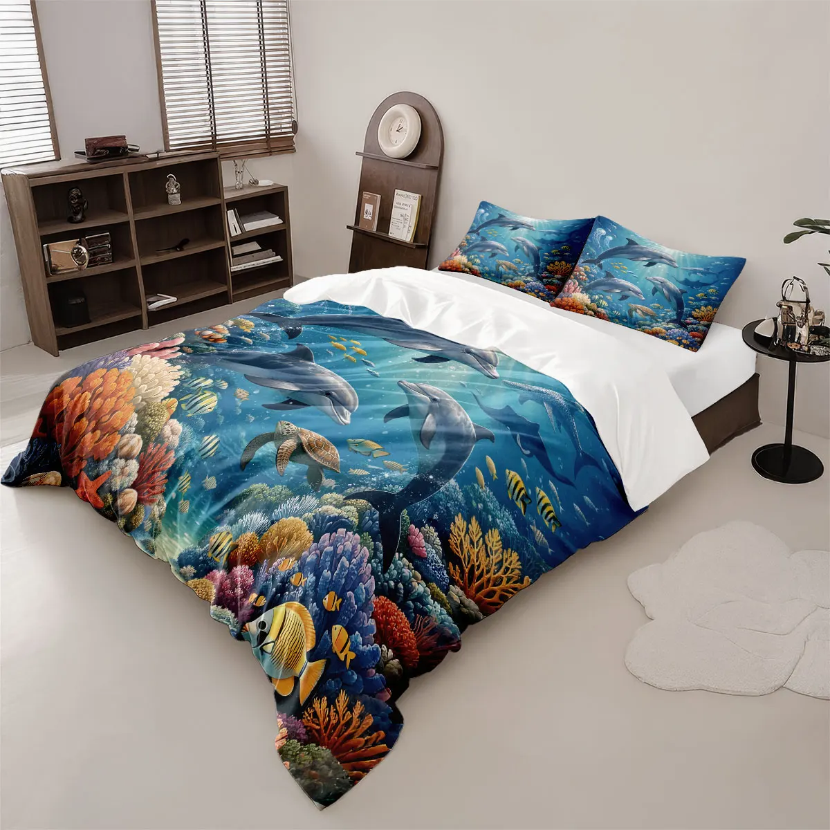 

3pcs Cute Cartoon Ocean Dolphin Print Coreless Duvet Set, Multi Size Bedding Decoration, Machine Washable