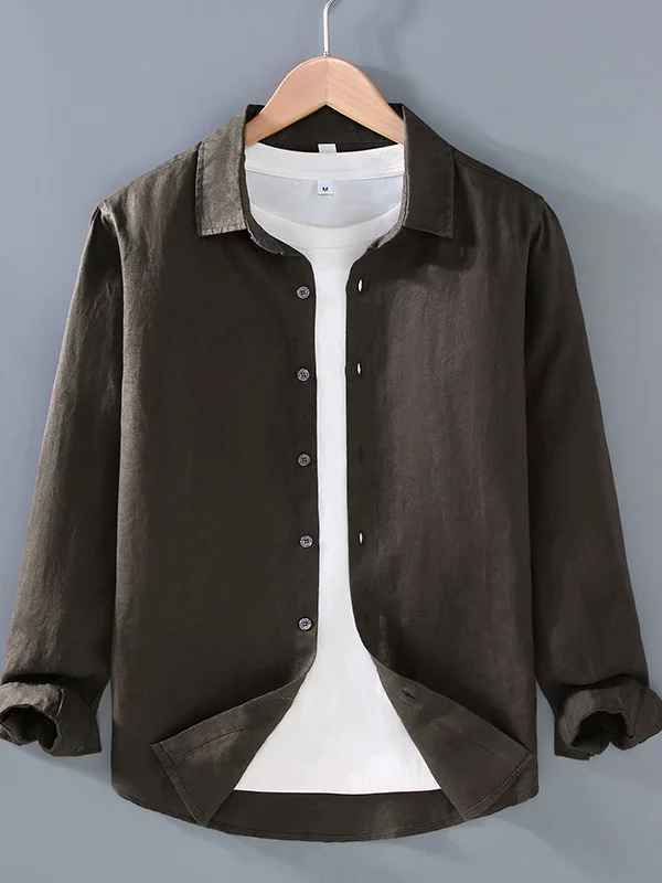 

Casual Linen Shirt Jacket Men's Lightweight Long Sleeve Breathable Summer Outerwear Full Linen Flip Collar Comfortable Leisure