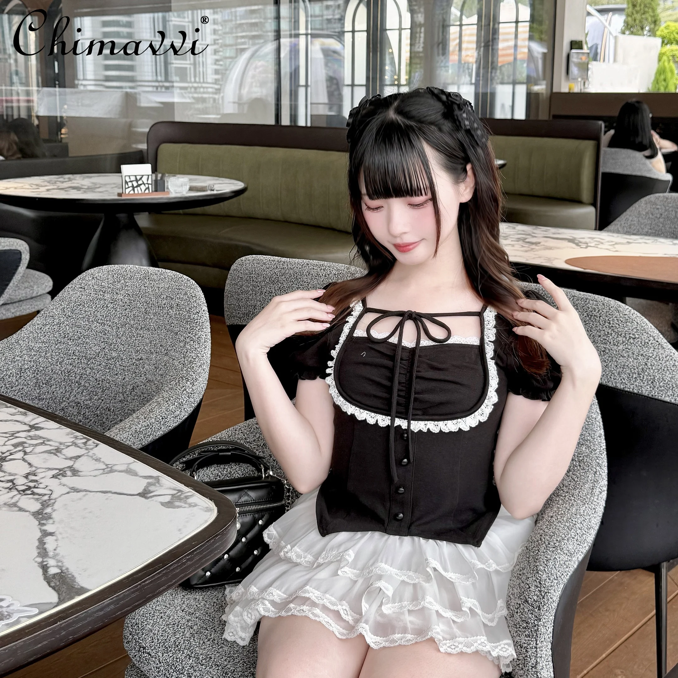 

Original Japanese Sweet Girl Lace Short Sleeve Knitted Top 2025 Summer Clothes New Cute Lace-up Slim Lolita Kawaii T-shirt