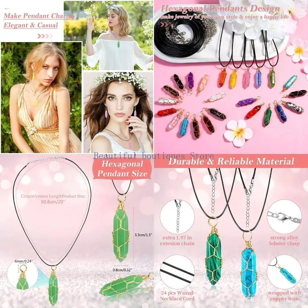U4LF Hexagonal Column Necklaces Natural Crystal Pendants Stone Chains Adults Jewelry
