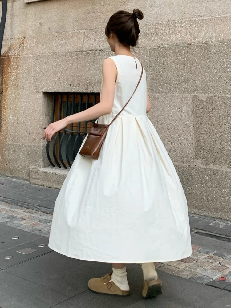 2024 Spring Solid Elegant Sundresses French Y2k Dress Korean Fashion O-Neck Midi Dress Office Women Casual Dress with Pockets