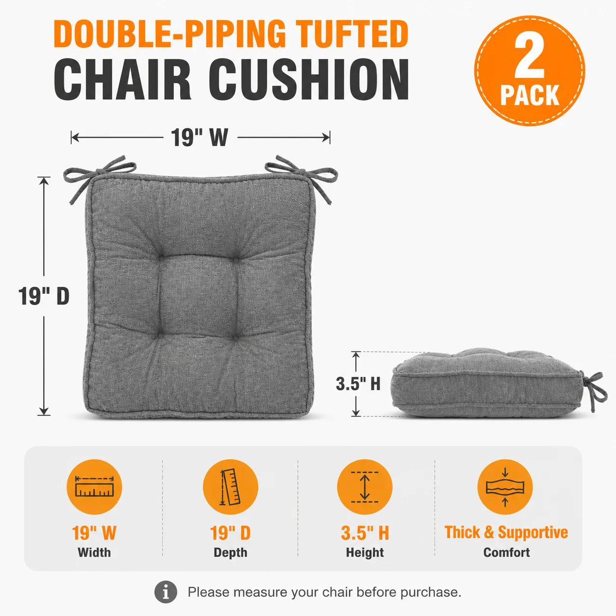 2-Pack Chair Cushion Piped Tufted Seat Pad Thick Soft Square Dining Chair Cushion with Ties Indoor Outdoor Cushion for Kitchen