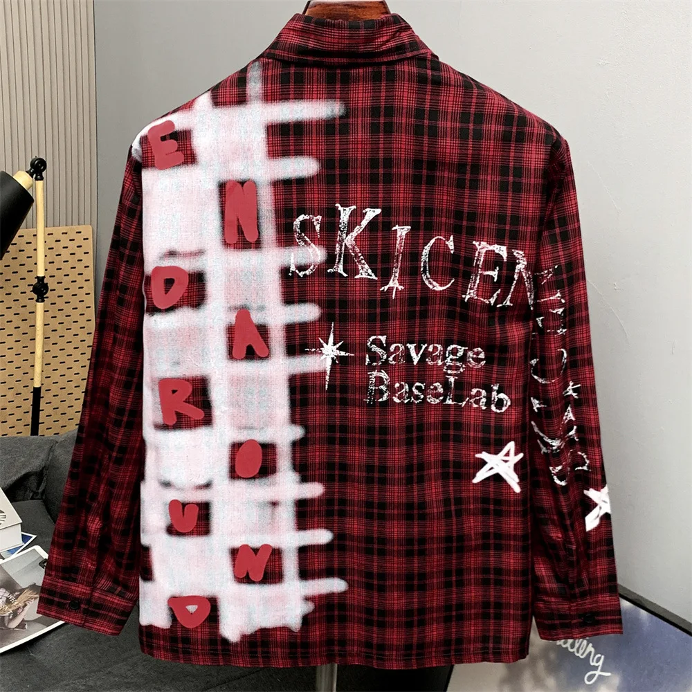 MWJLPWQ Loose Plaid Long-Sleeve Shirt Men Spring Autumn Contrasting Color Print Letter Pattern Casual Turn-Down Collar Top 20636