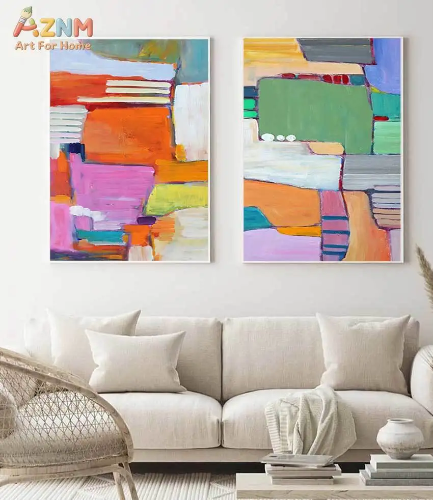 Colorful Geometric Heavy Brush Stroke Contemporary Handmade Knife Palette Abstract Large Modern Thick Textured Painting Wall Art