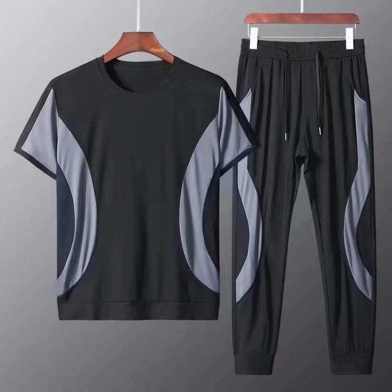 

Men's 2026 Summer Ice Silk Tracksuit Set - Quick Dry Breathable Short Sleeve T-Shirt & Pants Casual Athletic Joggers