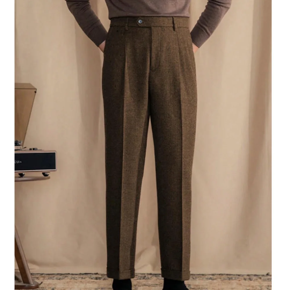 

Mens Herringbone Trousers Pleated Straight Leg Plain Pants Classic Fashion Business Casual Office Wear Herringbone Pattern Forma