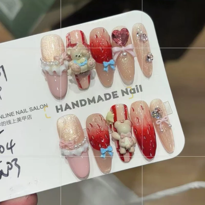 

10 Pieces Sweet and Cute Pearl Lace French Handmade Press On Nails Strawberry 3D Teddy Bear Skirt Fake Nails Removable Reusable