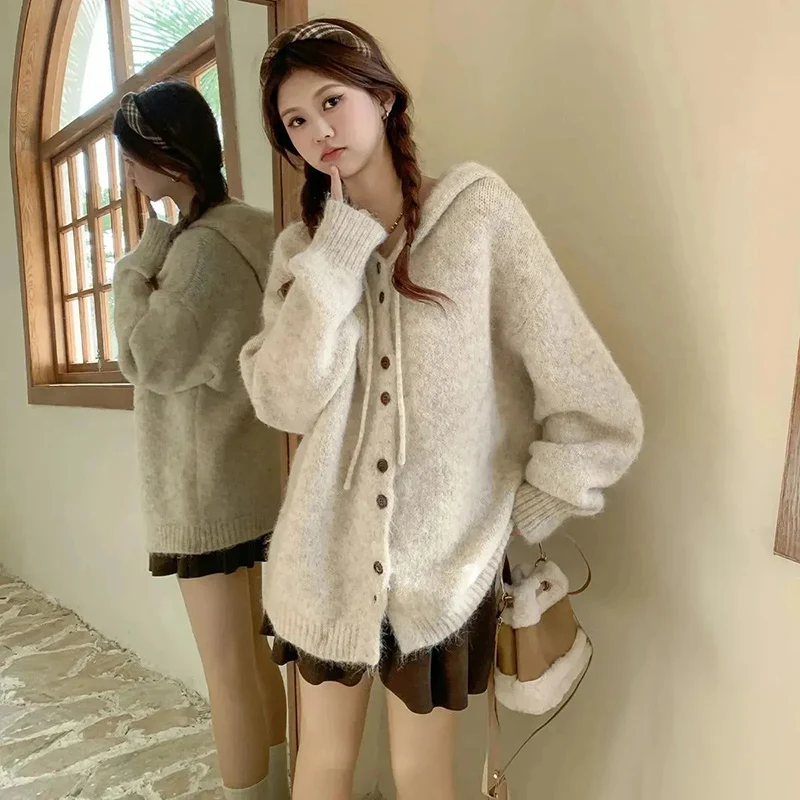 Autumn Winter Hooded Knitted Cardigan Women Korean Style Single Breasted Sweater Coat Woman All Match Female Streetwear Coats