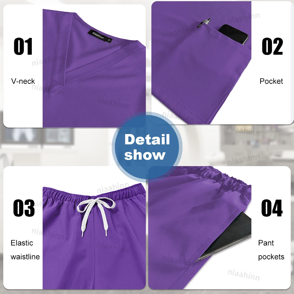 Wholesale Spa Nursing Hospital Uniforms Sets V-neck Short Sleeved Tops and Pants Unisex Medical Scrub Uniform for Women Workwear