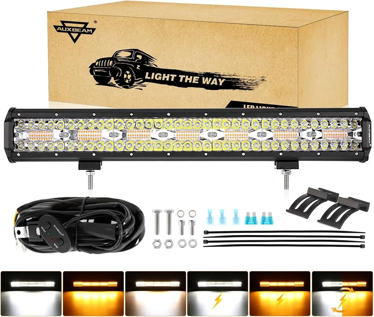 20 Inch 420W LED Light Bar, 6 Modes Strobe Amber Pod Lights Yellow Fog Light Dual Color Spot Flood Offroad Driving Lights, Memor