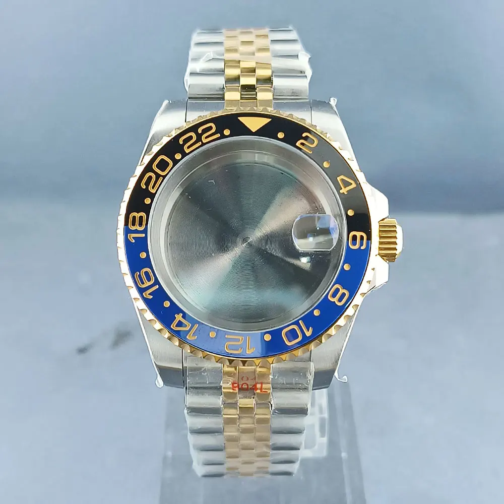 Корпус часов NH34 NH35 NH36 серебристо-золотой, 40 мм, подходит для механизма NH34 NH35 NH36, 120 кликов, корпус из нержавеющей стали, сапфировое стекло