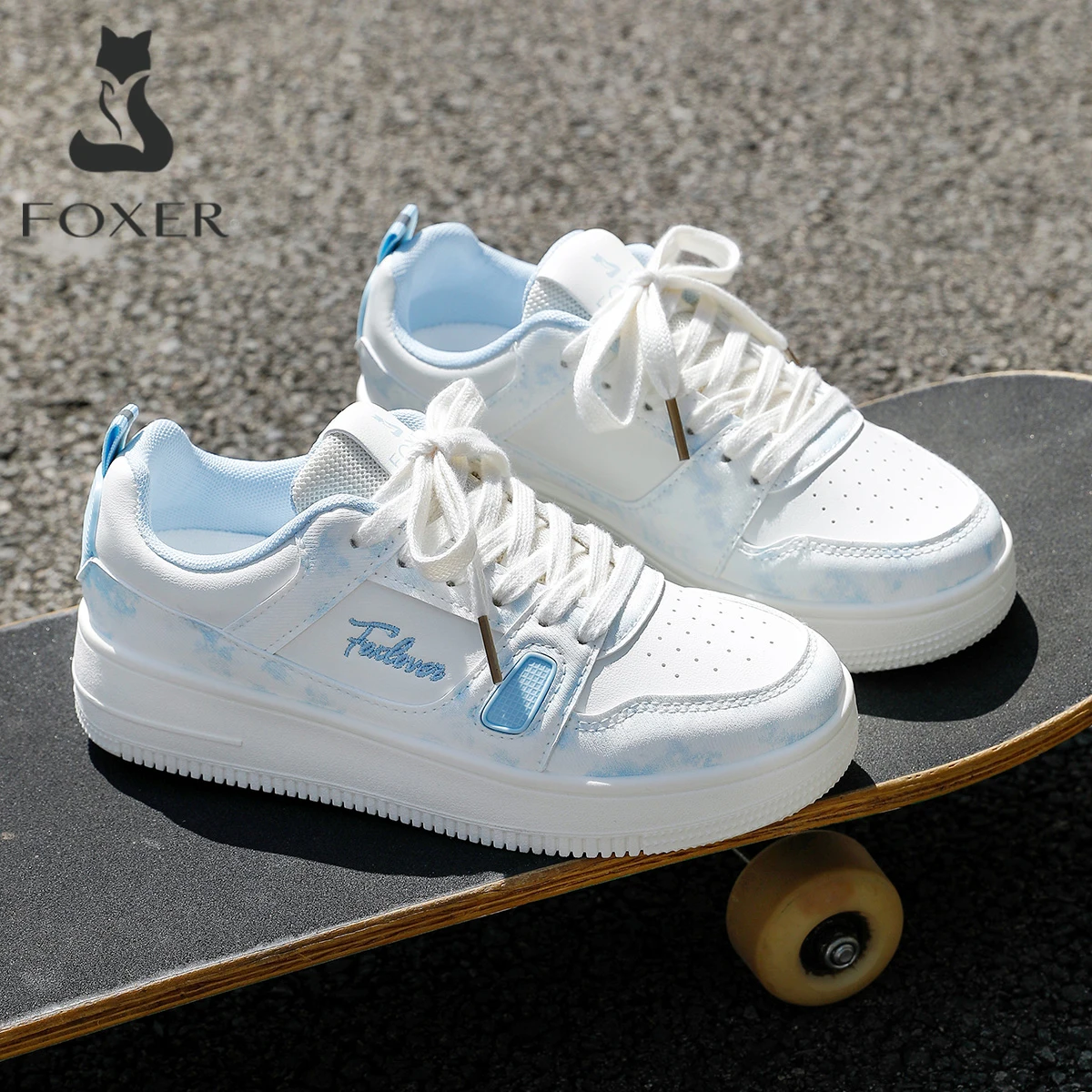 FOXER Women's White Shoes PU Fashion Sneakers Ladies Casual Walking Shoes Breathable Thick Sole Shoes