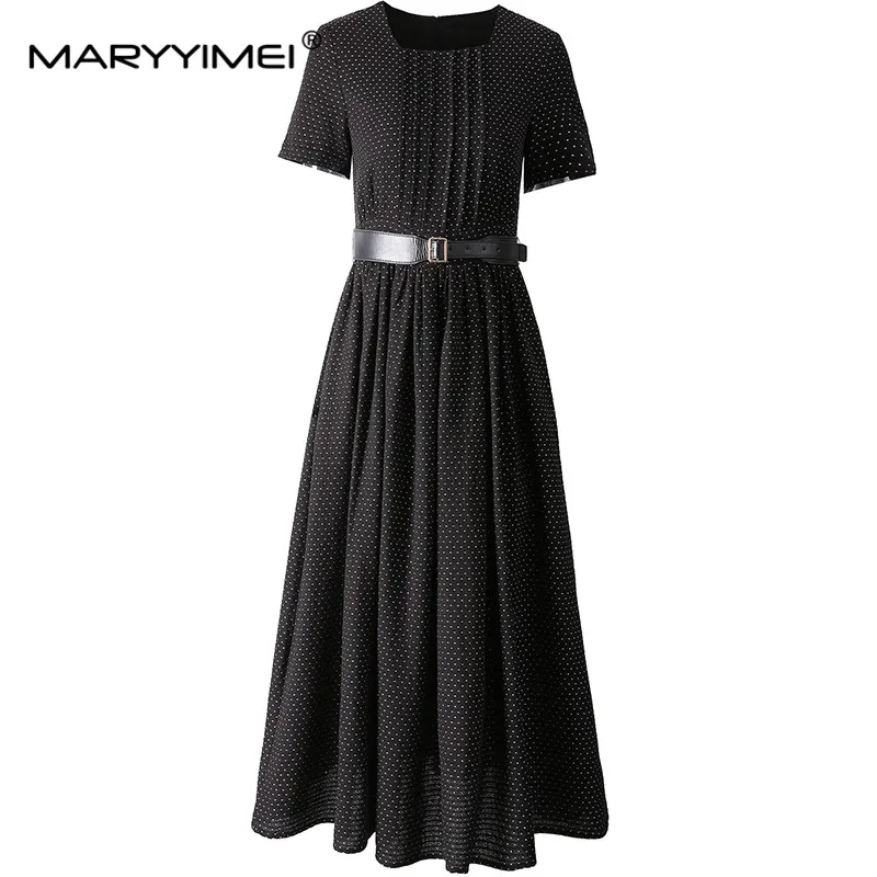 

MARYYIMEI Summer New Style Fashion Designer Women's Dress Square-Neck Short-Sleeved Lace-UP Slim Jacquard Party Long Dresses