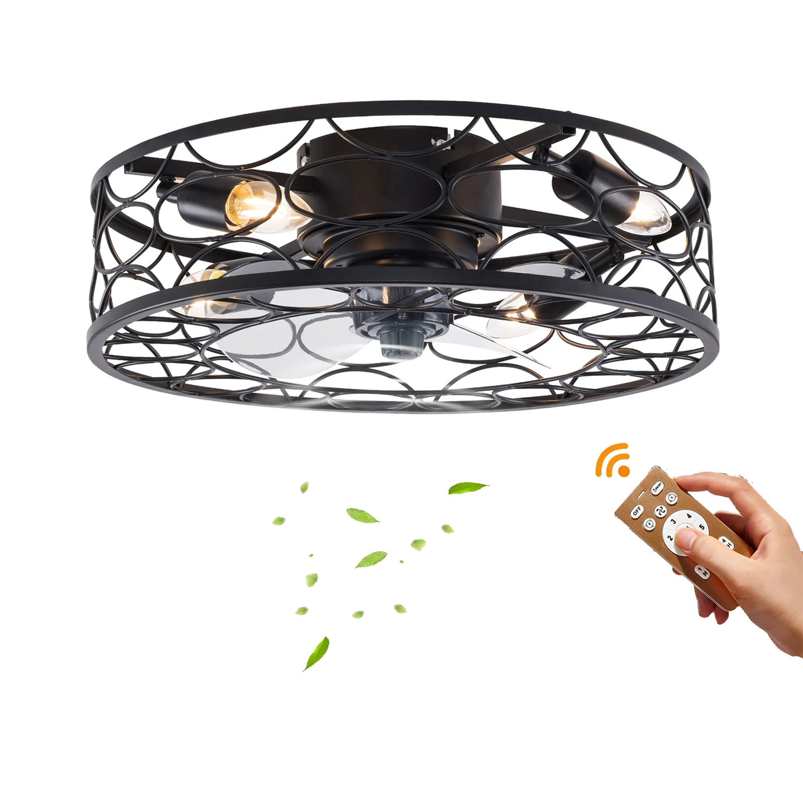 3-Blade Ceiling Fan Light 1/2/4H Timer with Remote Control  Reversible Motor E27 Bulb Compatible 3-Speed Black Caged Design for Bedroom Living Room Study Office Cafe Home Use
