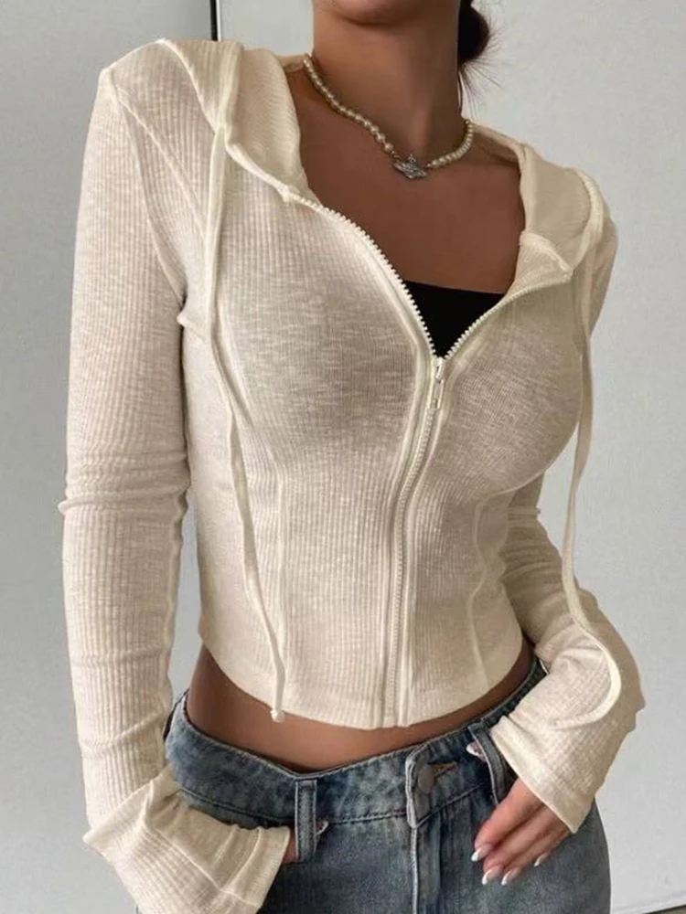 

2025 autumn/winter knitted top fashion cardigan top slim fit zipper hooded sweatshirt