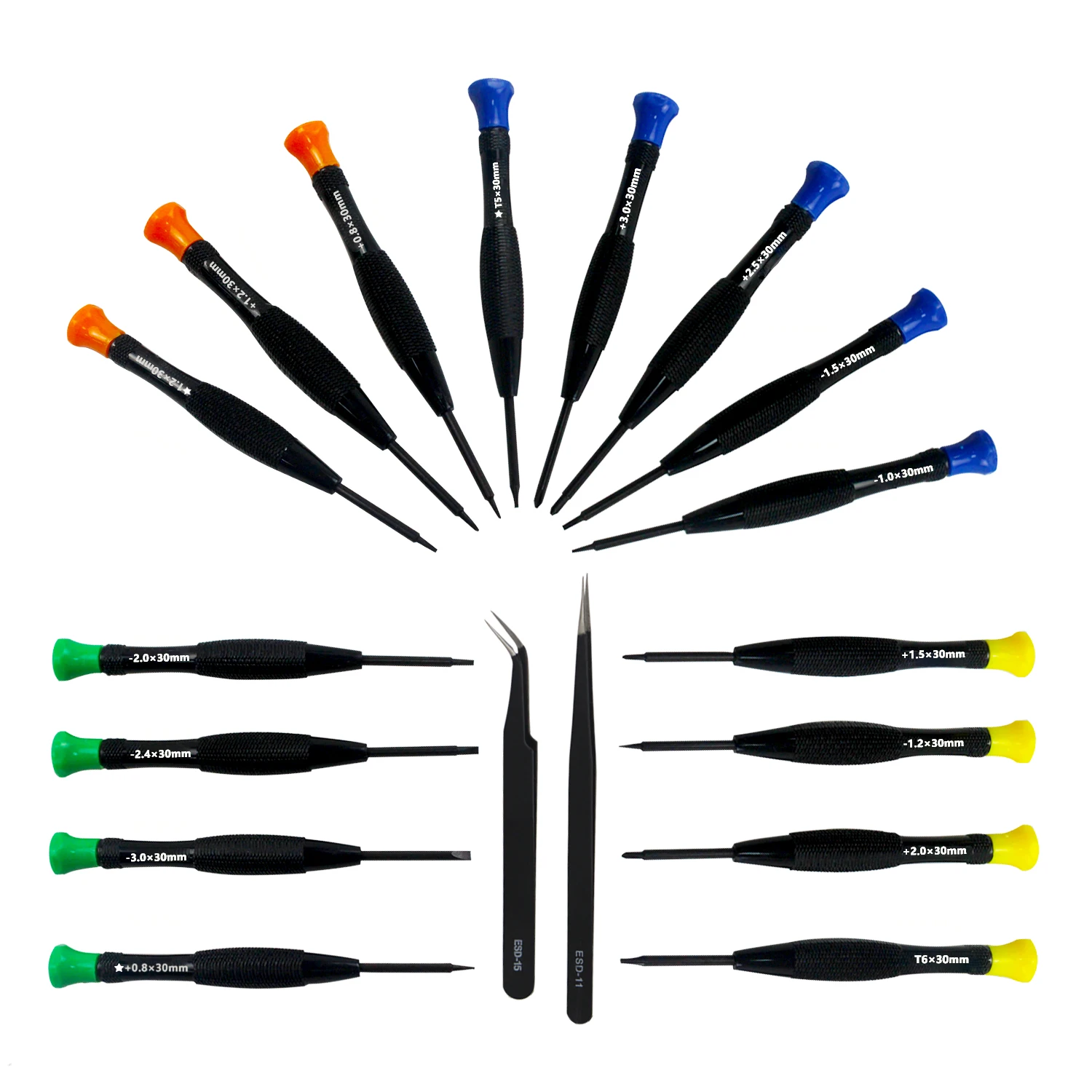 

16 различных магнитных прецизионных отверток и 2 антистатических пинцета, подходящих для ремонта мобильных телефонов, часов, очков.