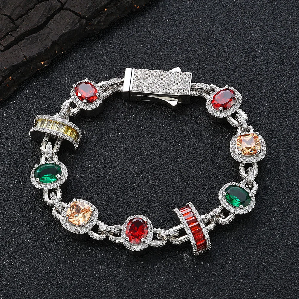 

Hip Hop Luxury Bracelet Jewelry Iced Out Baguette Diamond Link Bracelet Chain Men Women Rainbow Cubic Zirconia Gemstone Bracelet