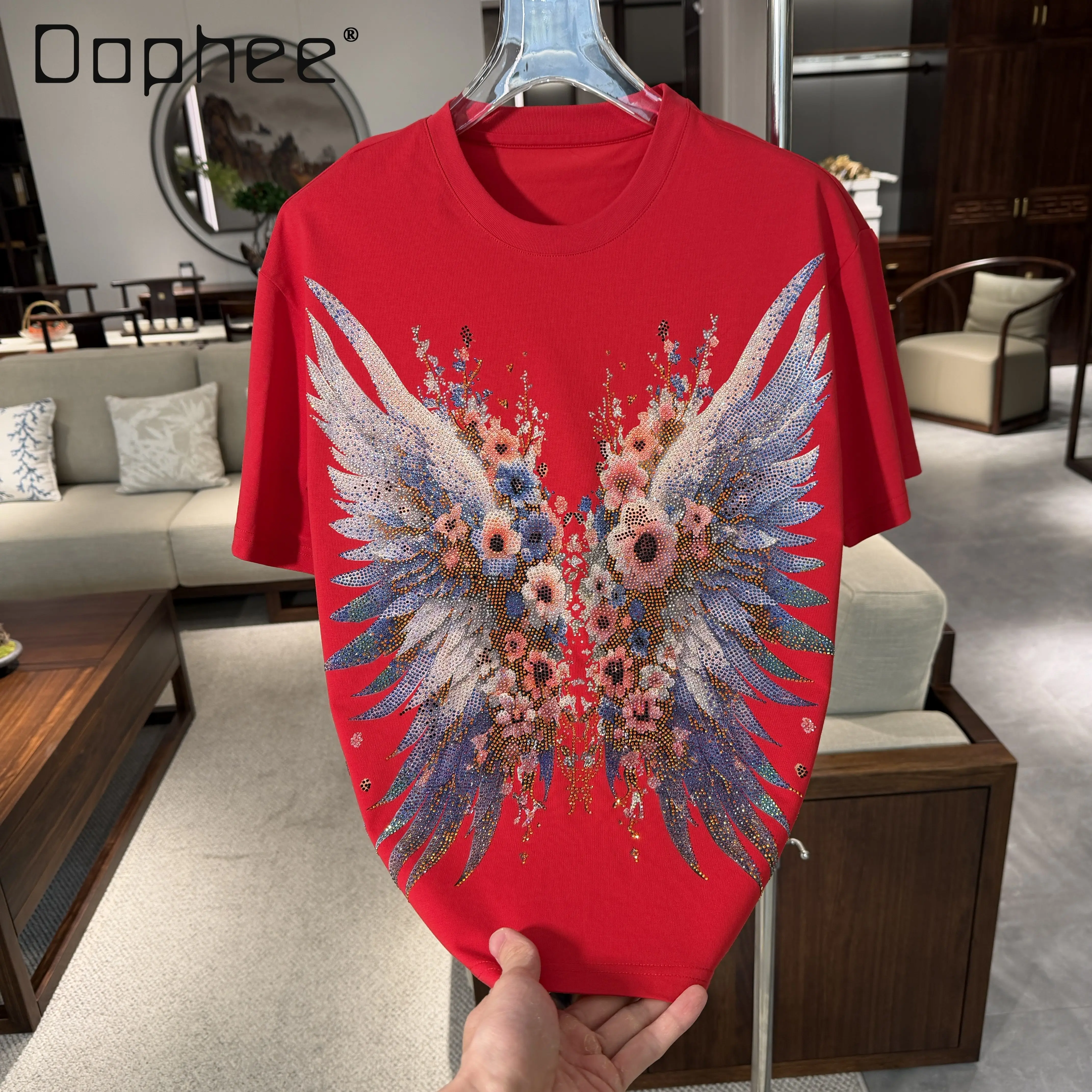 

Summer New Men's Wing Pattern Hot Fix Rhinestone Casual Loose O-Neck Short Sleeve T-Shirt Black White Red Streetwear Tops