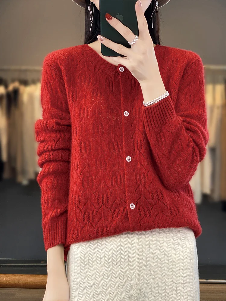Women Cashmere Sweater Autumn Winter Hollow Cardigan 100% Merino Wool Knitwear  O- Neck Solid Color Temperament Top Coat