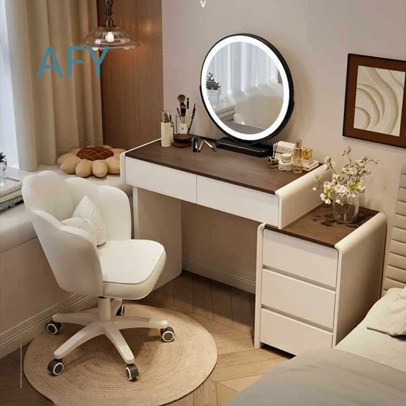 Modern Minimalist Cream-Style Dressing Table with Skirting Board Integrated Chest of Drawers Solid Wood Vanity for Bedroom